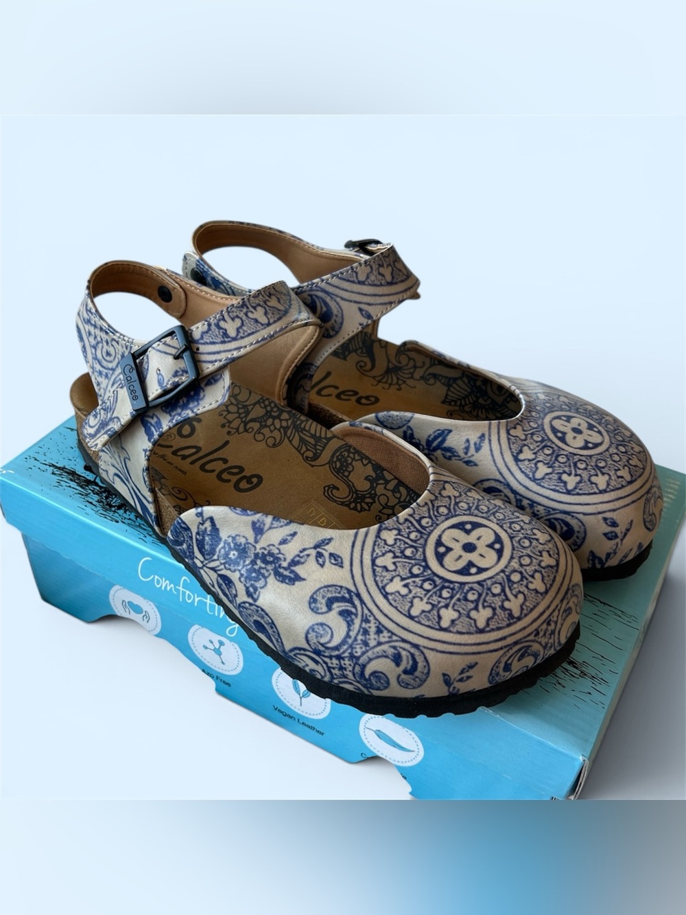 Calceo Beige and Blue Paisley Mary Jane Sandals